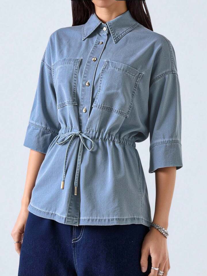 CM-TS222835 Women Casual Seoul Style Shirt Collar Short Sleeve Loose Button Pocket Drawstring Waist Denim Top