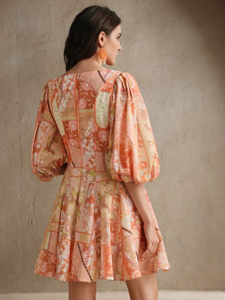 CM-DS483688 Women Trendy Bohemian Style V-Neck Paisley Floral Print Puff Sleeve Linen Short Dress