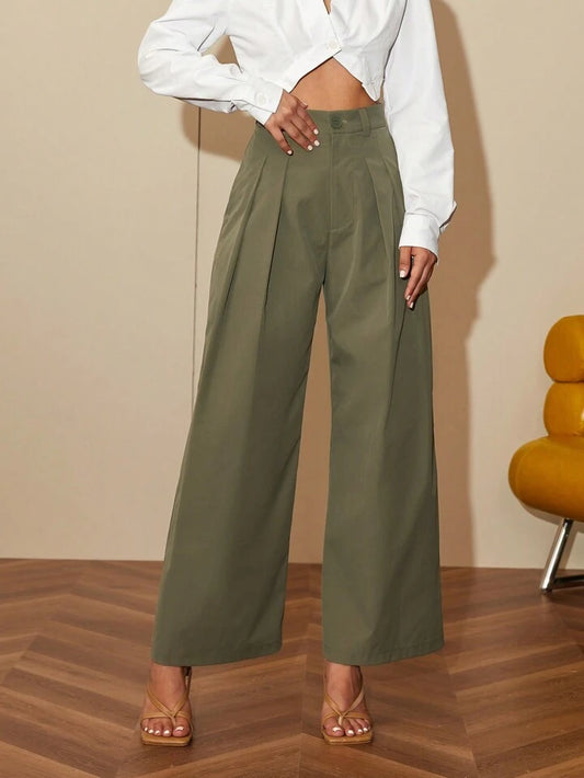 CM-BS394412 Women Elegant Seoul Style Pleated Wide Leg Suit Pants - Army Green