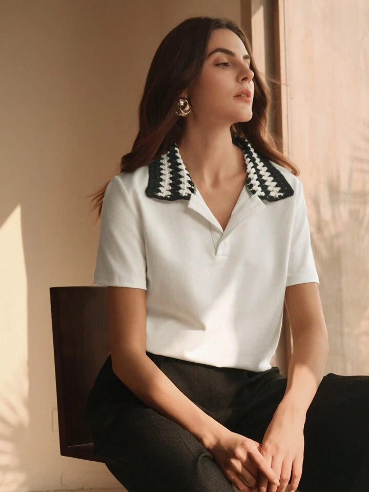 CM-TS122449 Women Casual Seoul Style Color Block Ribbed Trim Short Sleeve T-Shirt - White