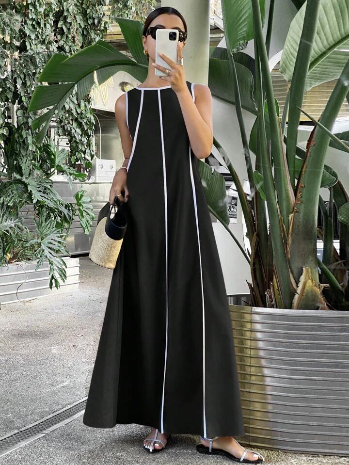 CM-DS384009 Women Casual Seoul Style Color-Conflicting Panels Sleeveless Loose Long Dress - Black