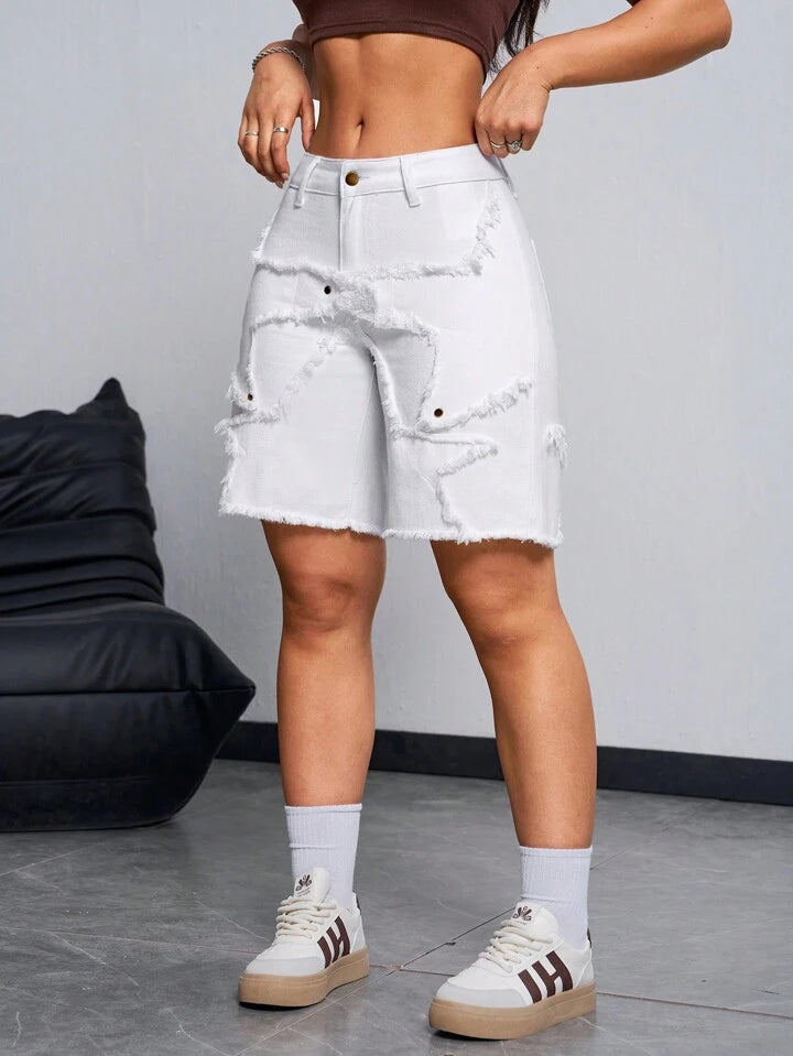 CM-BS881838 Women Casual Seoul Style Patchwork Frayed Hem Bermuda Denim Shorts - White