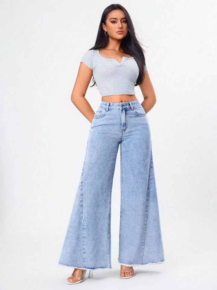 CM-BS896065 Women Casual Seoul Style Light Wash High Waist Raw Hem Wide Leg Jeans