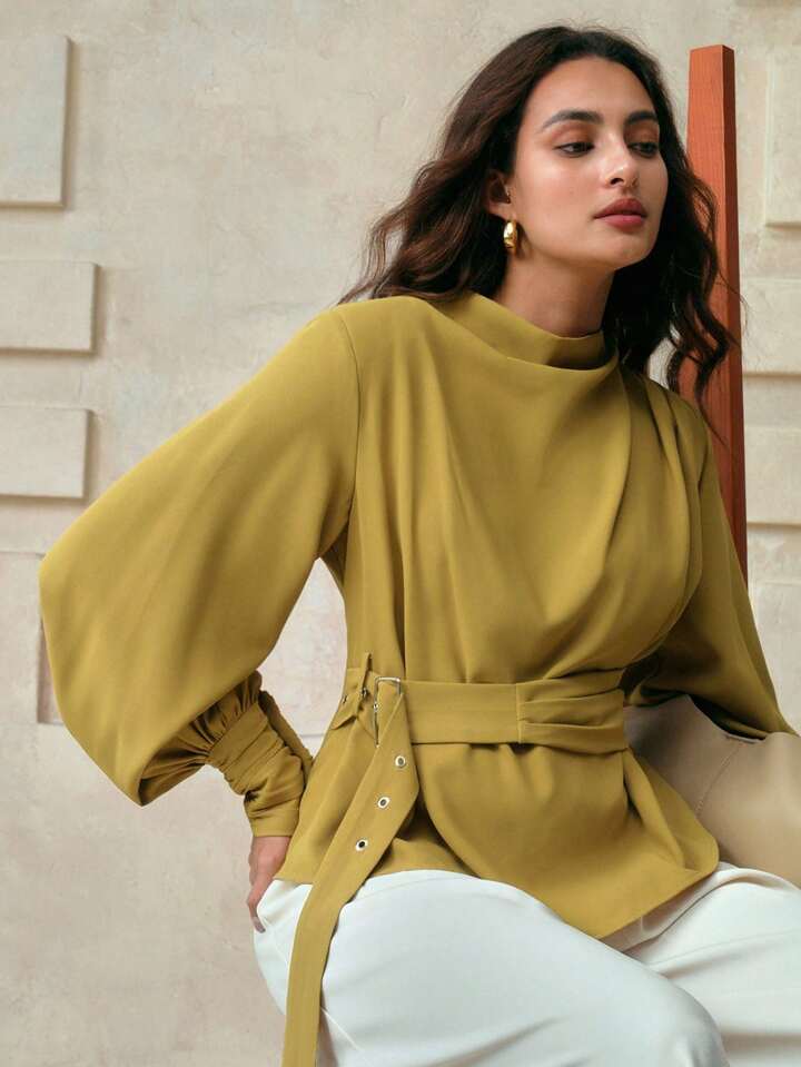 CM-TS912351 Women Elegant Seoul Style Solid Color Swing Lantern Sleeve Asymmetric Ruffle Tie Waist Blouse