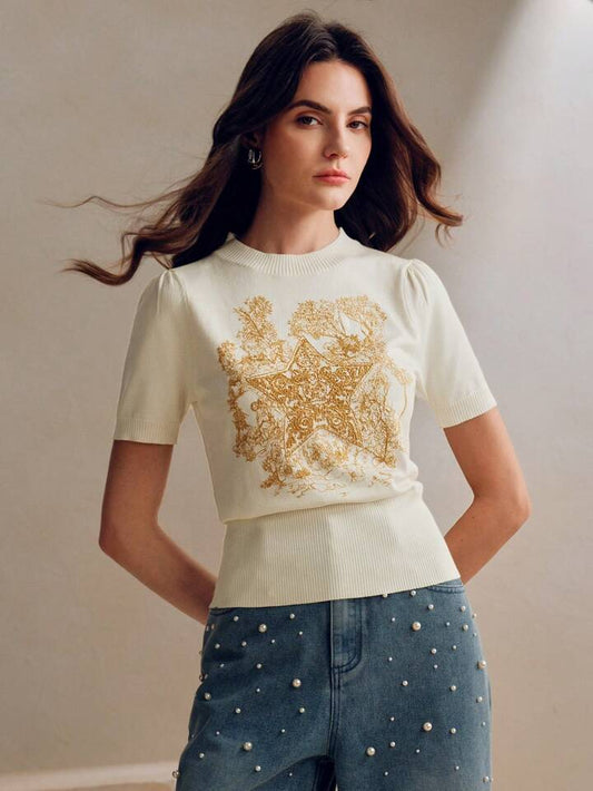 CM-TS235342 Women Casual Seoul Style Stand Collar Short Sleeve Floral Star Embroidered Knitted Shirt Tee - Cream