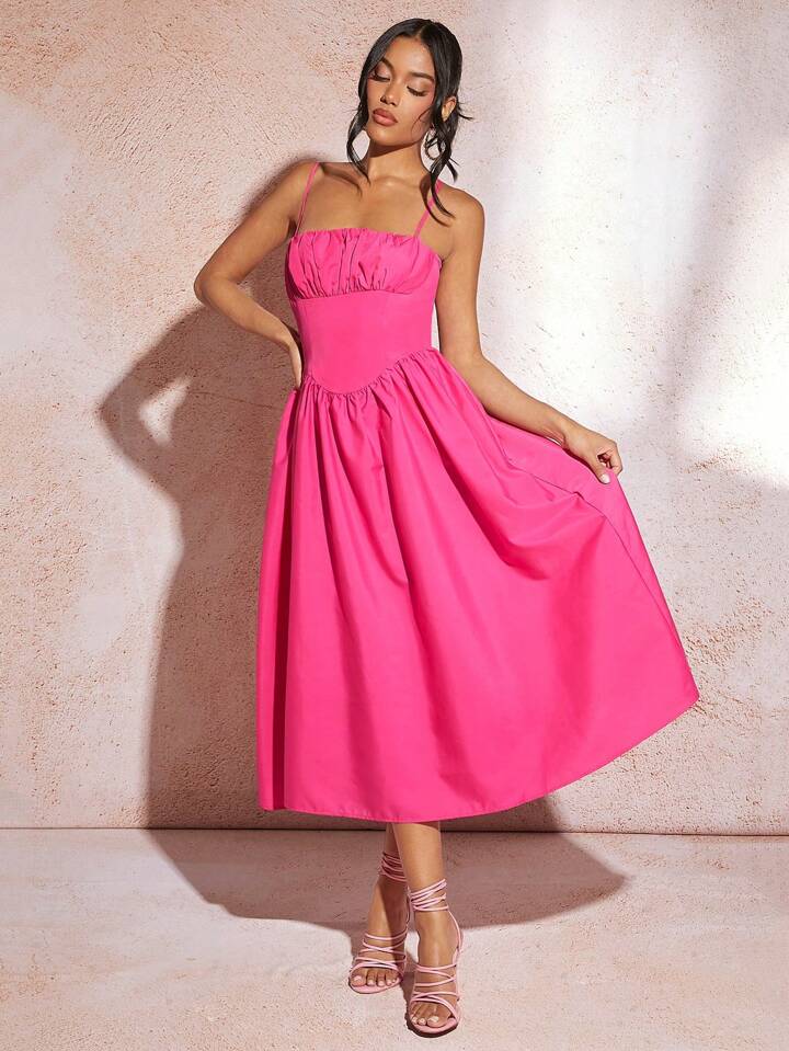 CM-DS177777 Women Casual Seoul Style Pleated Bust Tight Camisole Maxi Dress - Hot Pink
