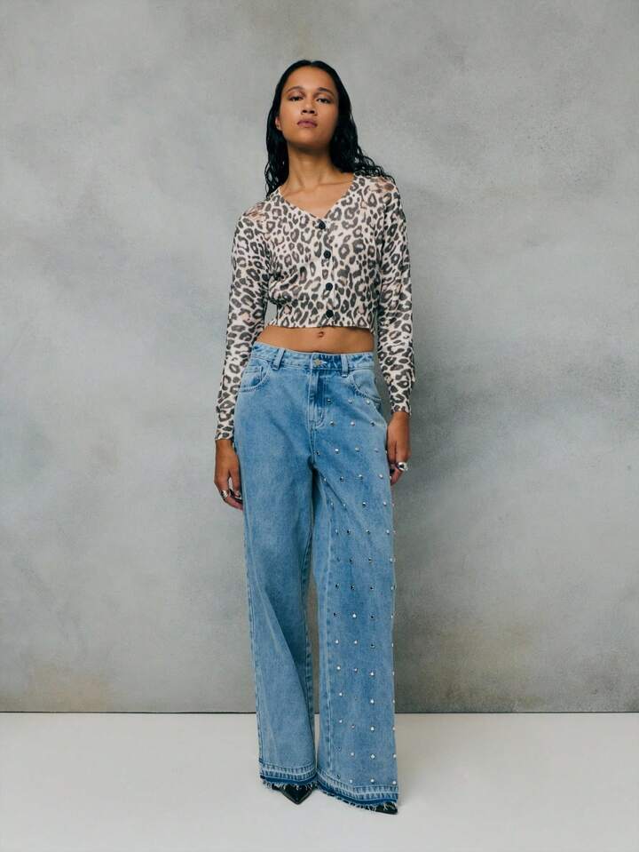 CM-BS572271 Women Casual Seoul Style Light Wash Rhinsetone Studs Embellished Wide-Leg Jeans