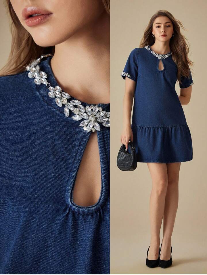 CM-DS884745 Women Casual Seoul Style Diamond Decor Round Neck Short Sleeve Denim Midi Dress - Blue