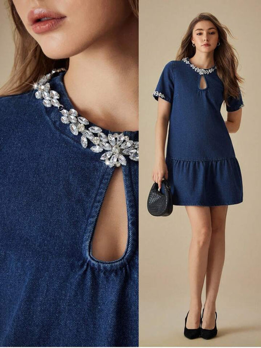 CM-DS884745 Women Casual Seoul Style Diamond Decor Round Neck Short Sleeve Denim Midi Dress - Blue