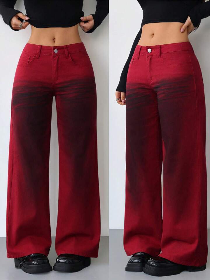 CM-BS522457 Women Casual Seoul Style Low Rise Jeans Dirty Vintage Wide Leg Jeans - Burgundy