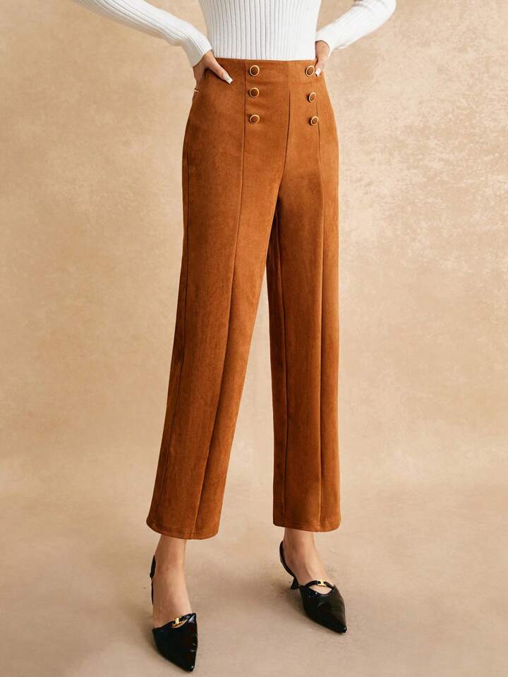 CM-BS014459 Women Trendy Bohemian Style Suede Front Decorative Button Long Pants - Brown