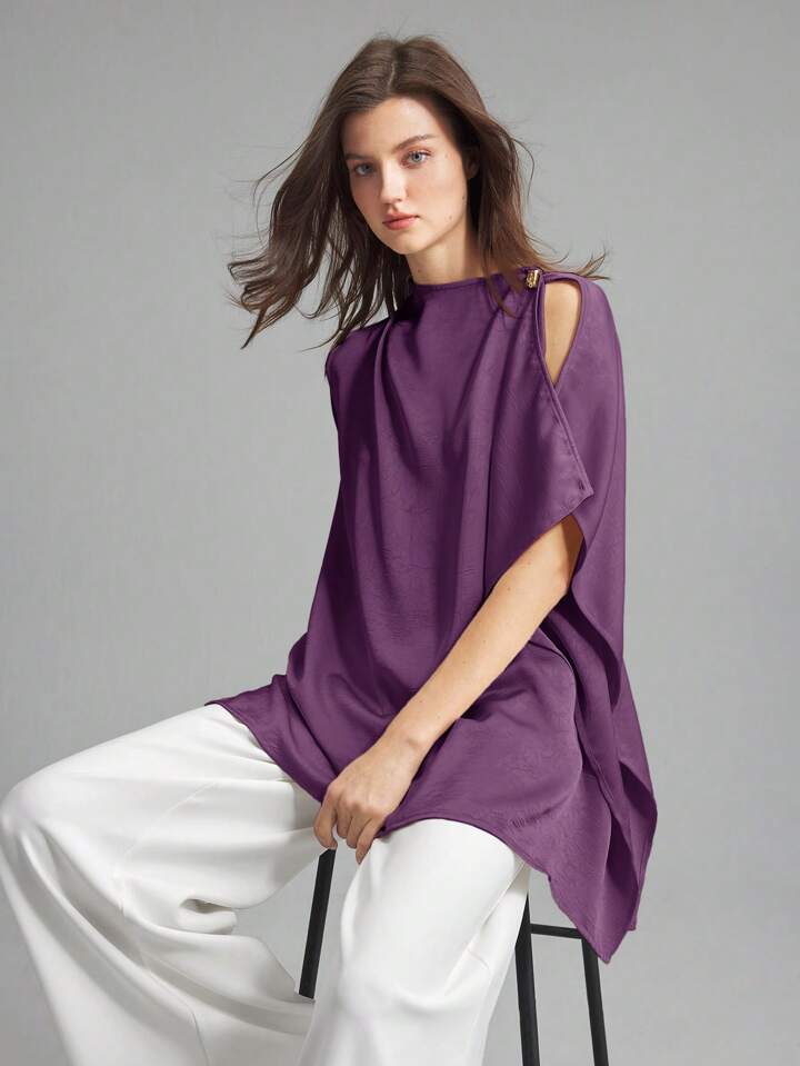 CM-TS460506 Women Casual Seoul Style Asymmetrical Neck Sleeveless Metal Button Asymmetric Sleeveless Top - Purple