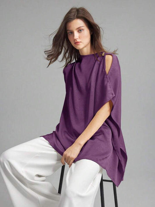 CM-TS460506 Women Casual Seoul Style Asymmetrical Neck Sleeveless Metal Button Asymmetric Sleeveless Top - Purple