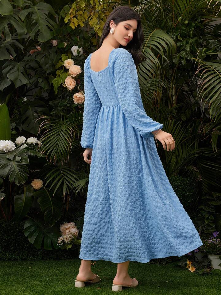 CM-DS041762 Women Elegant Seoul Style Square Neck Lantern Sleeve Dress - Blue
