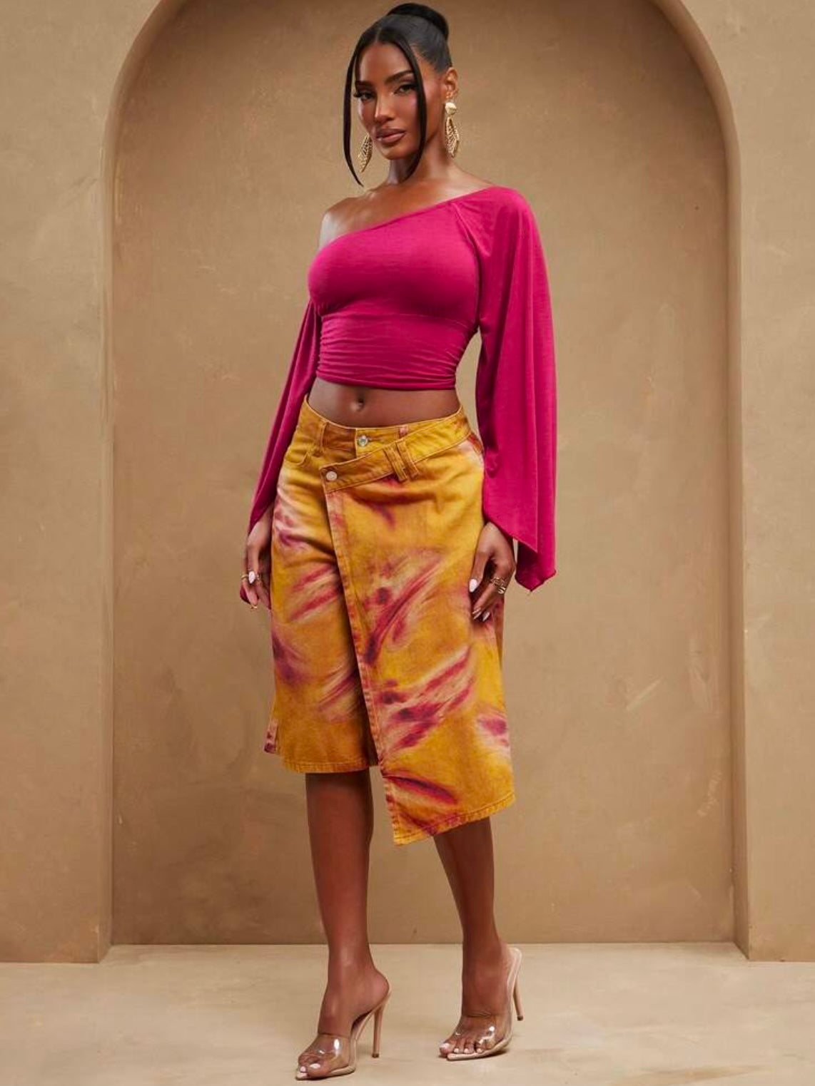 CM-BS733636 Women Casual Seoul Style Mid Waist Crossover Tie Dye Skirt Loose Baggy Denim Short