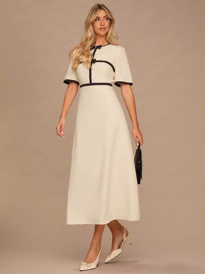 CM-DS063033 Women Elegant Seoul Style Bow Decor Round Neck Short Sleeve Long Dress - Apricot