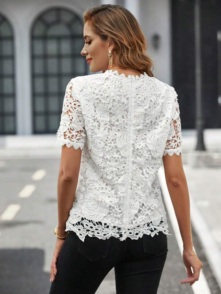 CM-TS959355 Women Elegant Seoul Style Guipure Lace Mock Neck Blouse - White