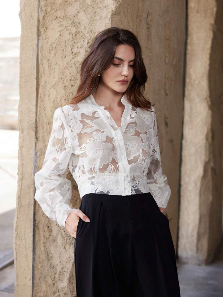 CM-TS600717 Women Elegant Seoul Style V-Neck Sheer Geometric Long Sleeve  Blouse - White