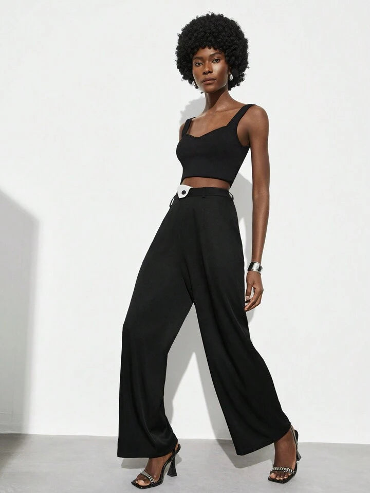 CM-BS867676 Women Elegant Seoul Style Colorblock Asymmetrical High Waist Pants - Black