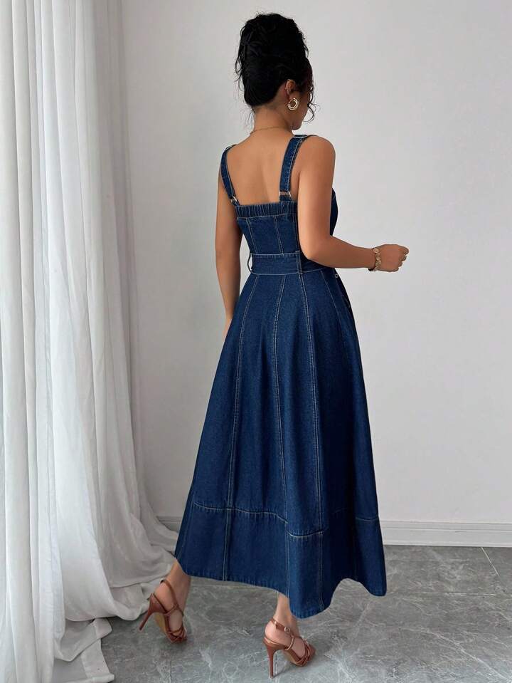 CM-DS261711 Women Elegant Seoul Style Dark Wash Flip Pocket Single-Breasted Buckle Belted Denim Strap Dress