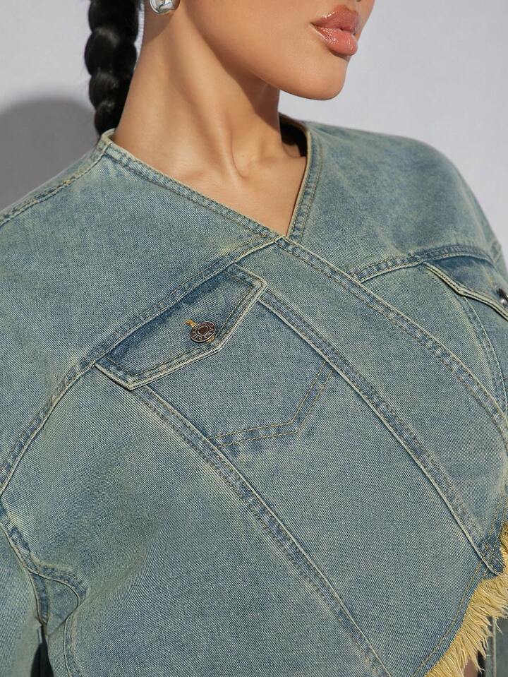 CM-CS074553 Women Casual Seoul Style Light Wash Asymmetrical Hem Frayed Denim Top