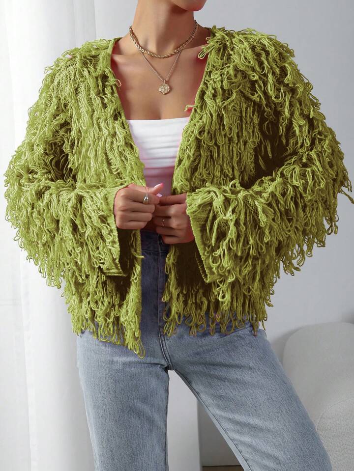 CM-CS902365 Women Casual Seoul Style Long Sleeve Shaggy Knit Duster Cardigan - Olive Green