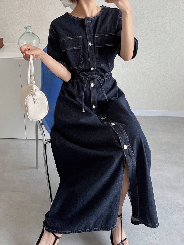 CM-DS667863 Women Casual Seoul Style Dark Wash Round Neck Short Sleeve Cinched Waist Pockets Decor Seam Denim Dress