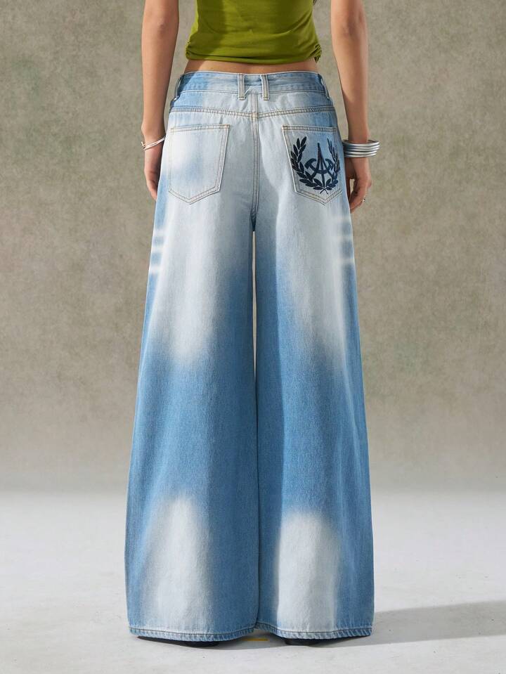 CM-BS636054 Women Casual Seoul Style All-Over Print Washed Distressed Wide-Leg Jeans - Blue