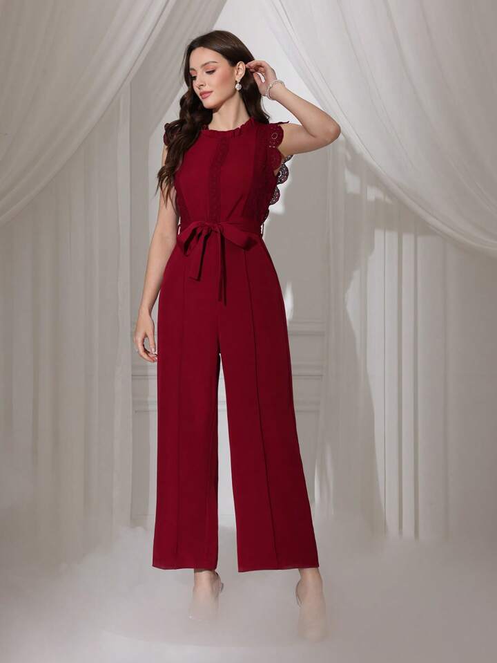 CM-JS463660 Women Elegant Seoul Style Lace Patchwork Sleeveless Straight Leg Jumpsuit - Burgundy