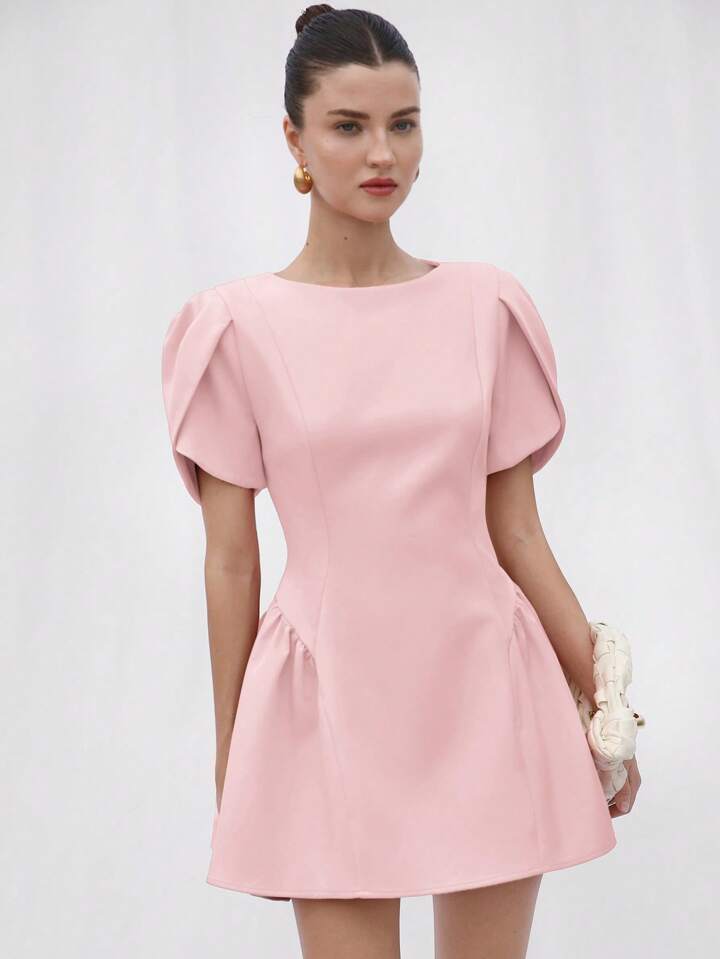 CM-DS975139 Women Elegant Seoul Style Tulip Print Puff Spliced Hem Round Neck Short Sleeve Dress - Pink