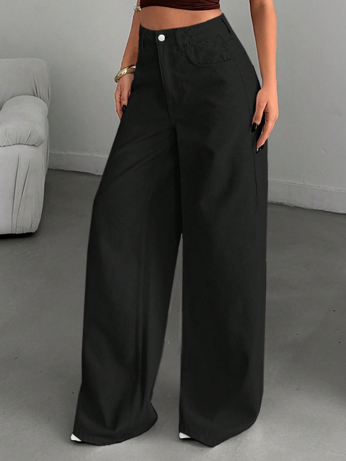 CM-BS269893 Women Casual Seoul Style High-Waisted Wide-Leg Denim Jeans - Black
