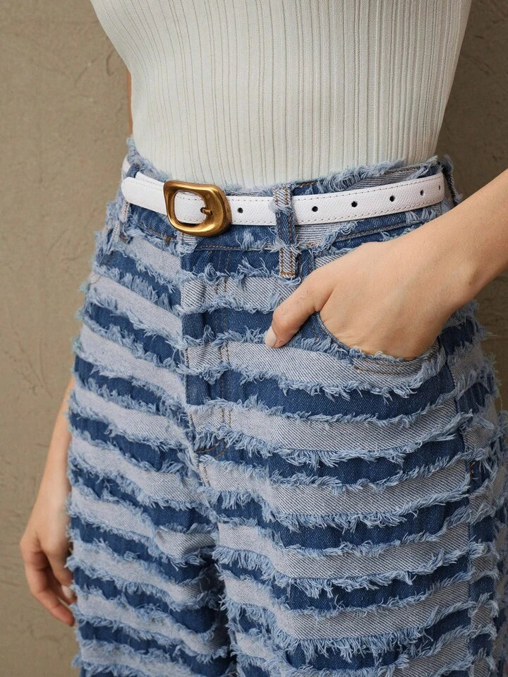 CM-BS619897 Women Casual Seoul Style Striped Textured Frayed Hem Contrast Color Flare Pants - Blue
