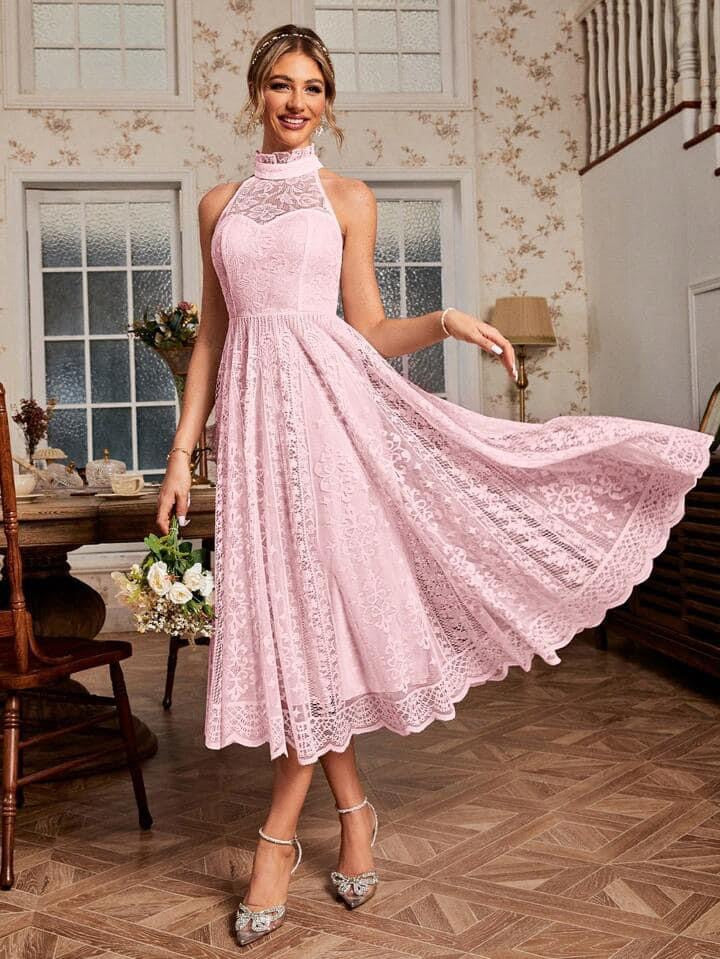 CM-DS999231 Women Elegant Seoul Style Halter Neck Slim Fit Lace Spliced Bodycon Dress - Pink