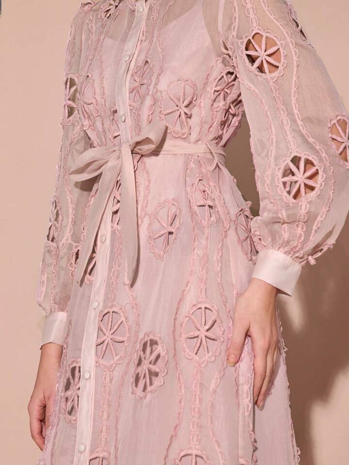 CM-DS831119 Women Elegant Seoul Style Collar Neckline Hollow-Out Embroidered Long Sleeve Maxi Dress - Pink
