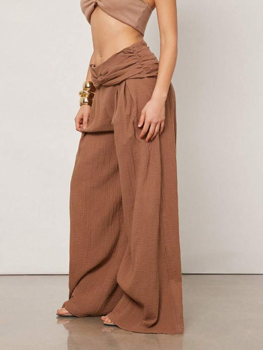 CM-BS833538 Women Trendy Bohemian Style Drawstring Ruched Wide Leg Pants - Brown