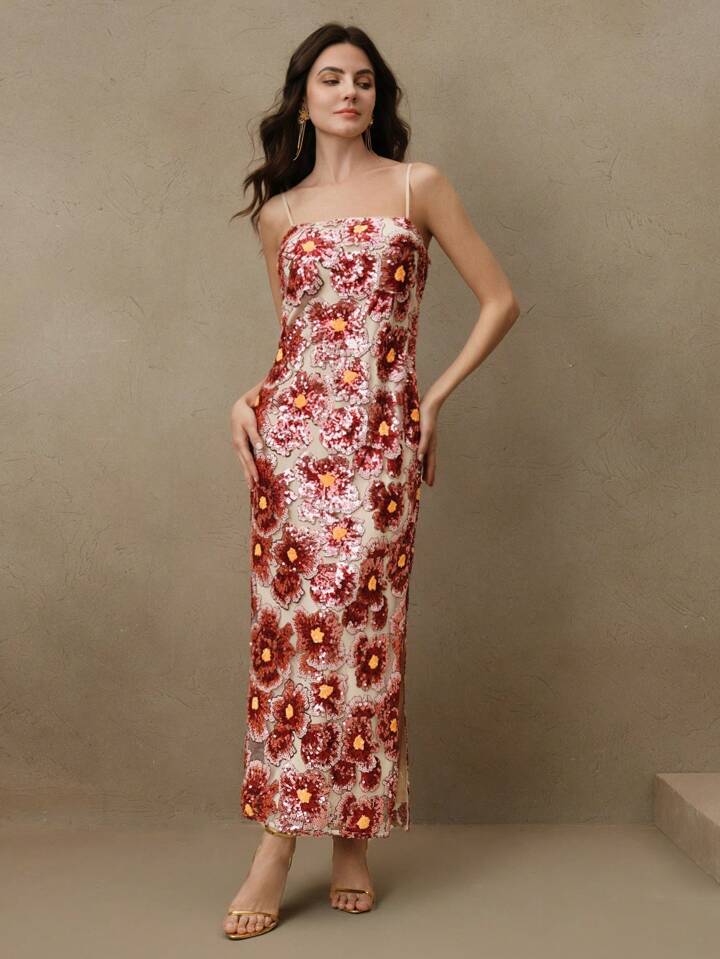 CM-DS772966 Women Elegant Seoul Style Handmade Bead Embroidered Floral Decor Backless Dress - Orange