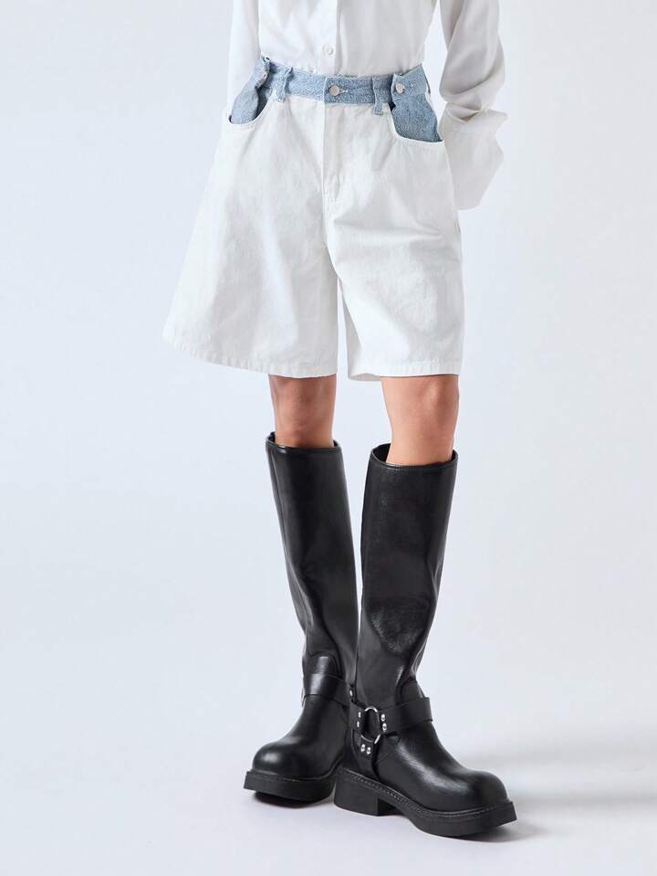 CM-BS011632 Women Casual Seoul Style Low Waist Contrast Loose Mid-Length Wide Leg Denim Short Pants