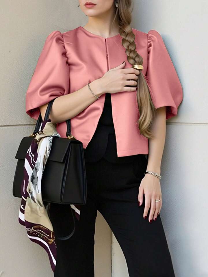 CM-TS476083 Women Elegant Seoul Style Solid Color Round Neck Puff Sleeve Shirt - Pink
