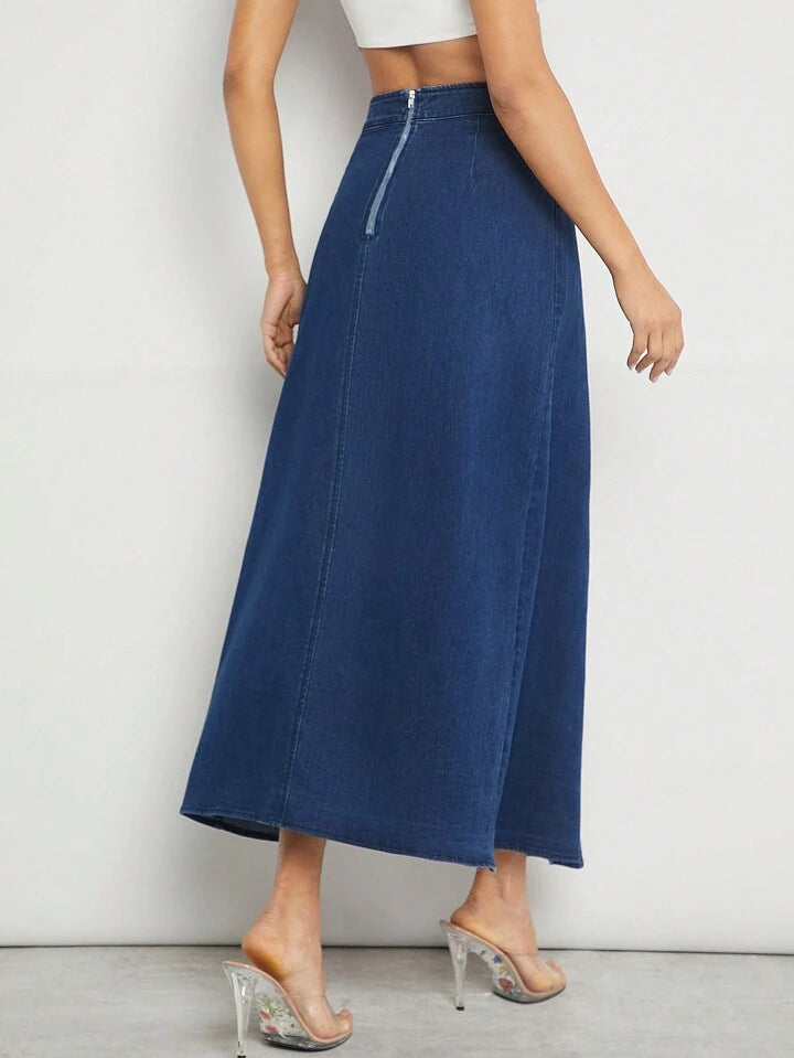 CM-BS069892 Women Elegant Seoul Style Light Wash 3D Rosette Ruffle Split Denim Skirt
