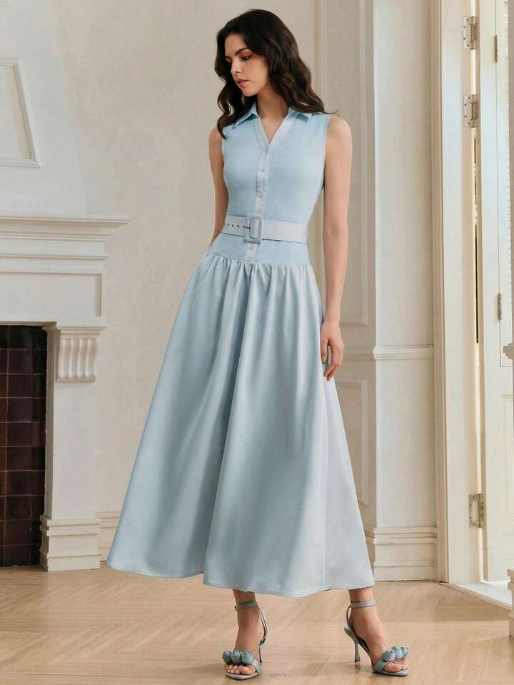 CM-DS178268 Women Elegant Seoul Style Collar Neckline Sleeveless Knitted Ribbed Patchwork Satin Dress - Baby Blue