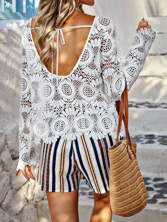 sz2311112442722173 Women Trendy Bohemian Style Tied Back Open Back Lace Blouse - White