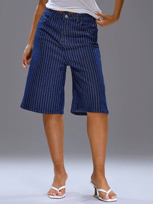 CM-BS726982 Women Casual Seoul Style Dark Wash Low Waist Longline Pinstripe Denim Jorts