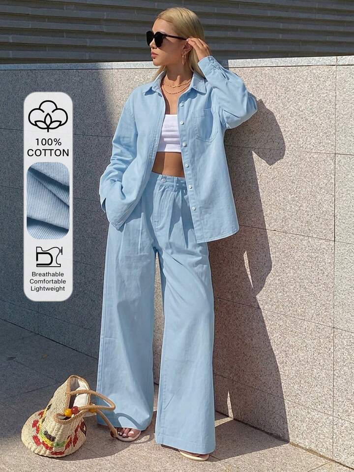 CM-SS661802 Women Casual Seoul Style Collared Long Sleeve Loose Denim Shirt With Straight-Leg Pants - Set