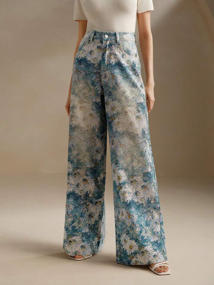 CM-BS372161 Women Casual Seoul Style Floral Printed High-Waisted Wide Leg Jeans
