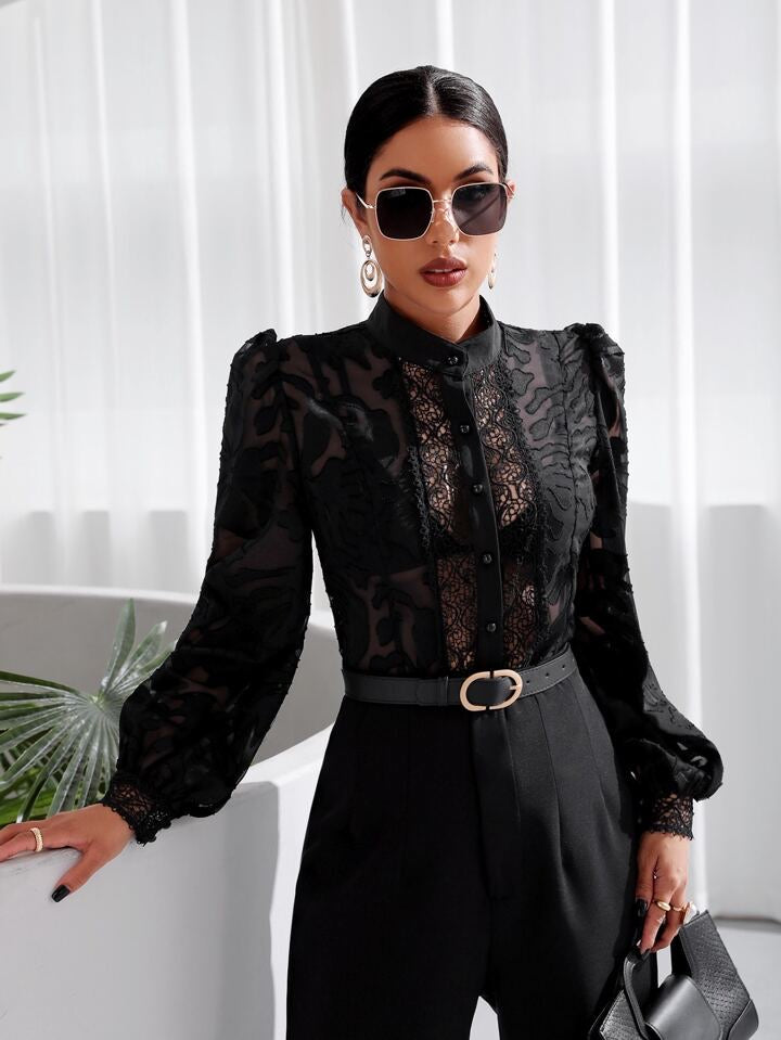 CM-TS622230 Women Elegant Seoul Style Contrast Lace Lantern Sleeve Mock Neck Shirt - Black