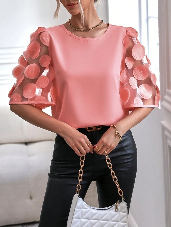CM-TS384444 Women Casual Seoul Style Round Neck Contrast Mesh Sleeve Blouse - Coral Pink