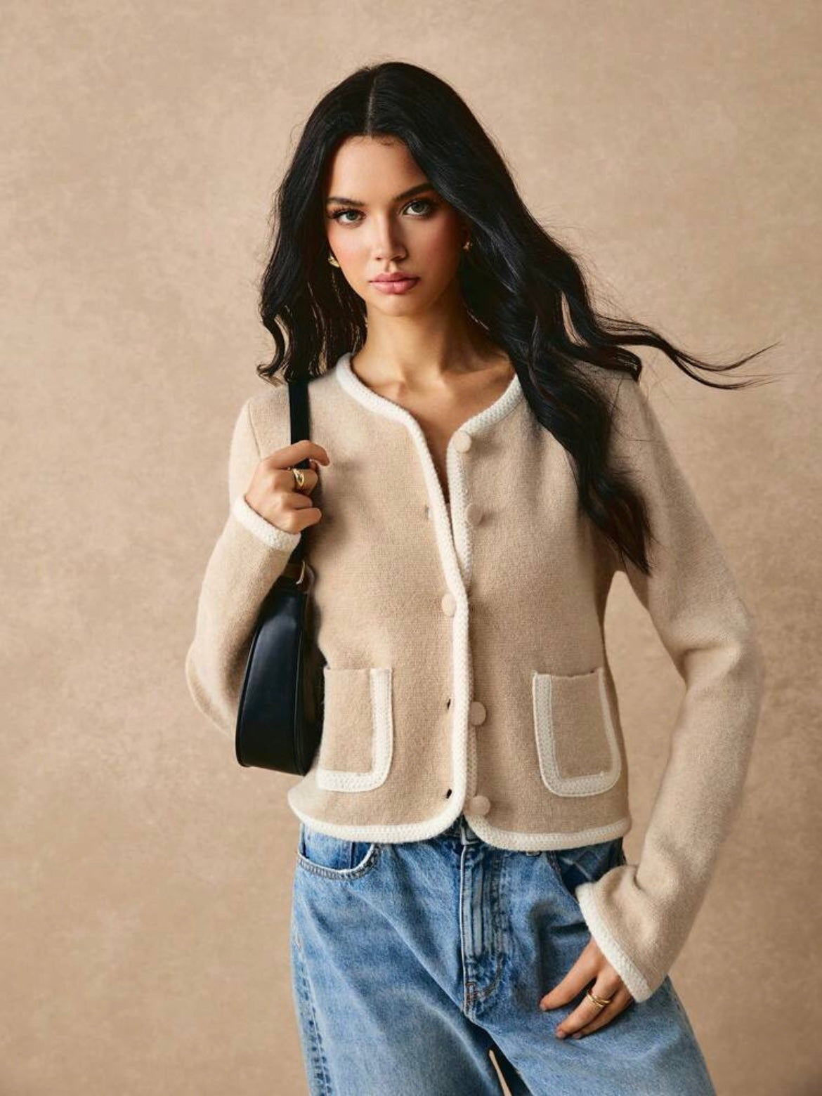 CM-CS295206 Women Casual Seoul Style Colorblock Round Neck Long Sleeve Trim Short Jacket