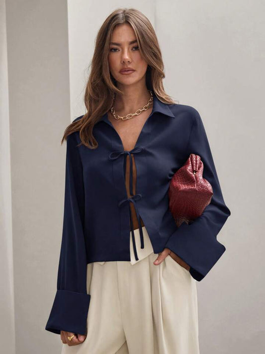 CM-TS870256 Women Trendy Bohemian Style Shirt Collar Front Tie Long Sleeve Shirt - Royal Blue
