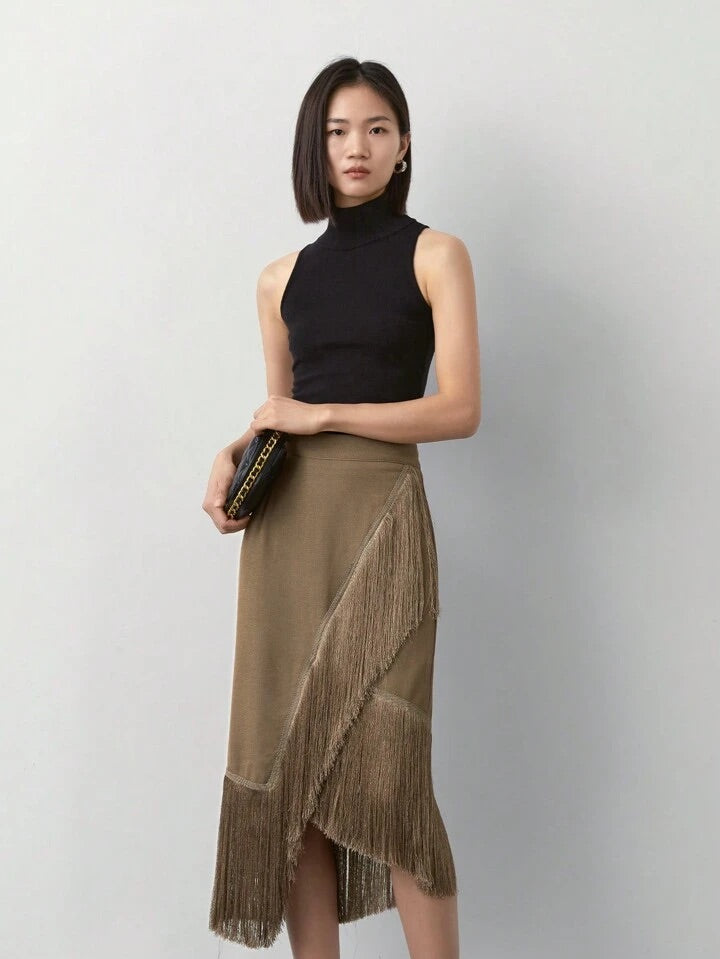 CM-BS733235 Women Trendy Bohemian Style Patchwork Tassel Knitted Skirt - Mocha Brown