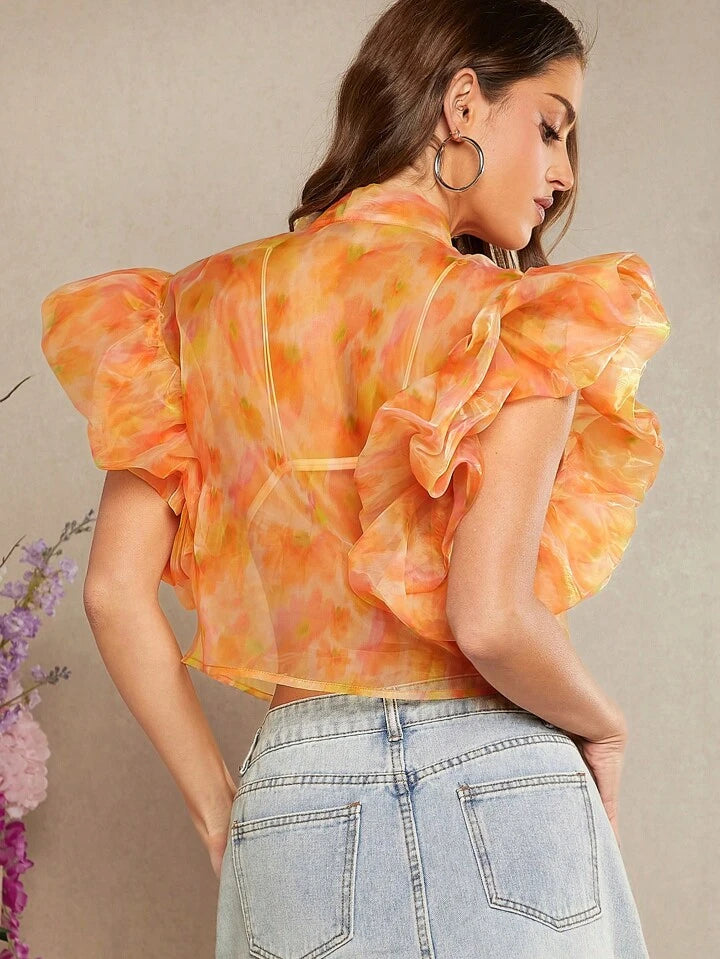 CM-TS591988 Women Casual Seoul Style Floral Organza Butterfly Sleeve Top